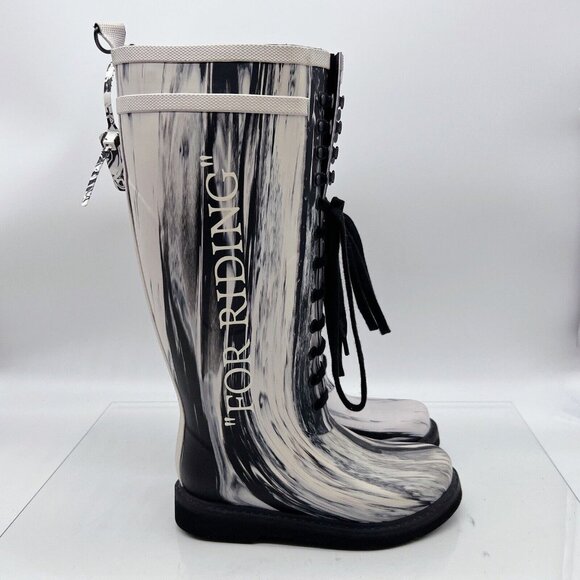 Off-White For Riding Lace Up Knee High Rain Boots White Black Marble EU 36